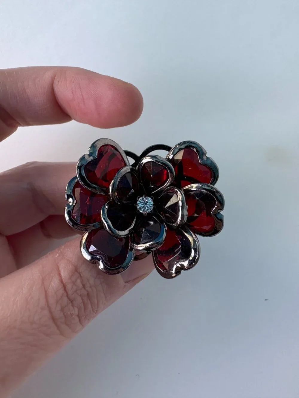 Statement Burgundy Crystal Flower Stretch Ring | Oversized Cocktail Ring